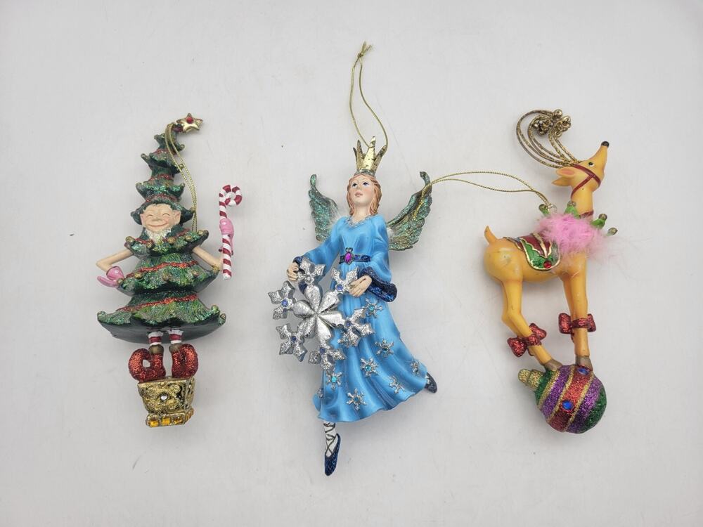 3 Pc Ornament Fairy Angel Ballerina Reindeer Elf Christmas Tree Lot WORN See pic